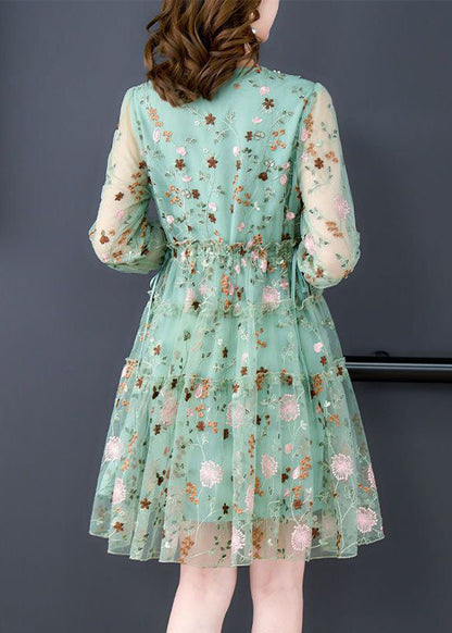 Unique Green Embroidered Ruffled Hollow Out Organza Cinch Dress Bracelet Sleeve