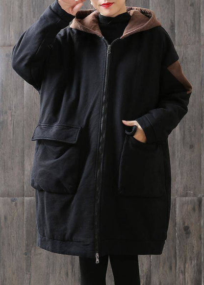 Unique Chocolate Hooded Zippered Pockets Patchwork Winter Cotton Thick Coats Long Sleeve