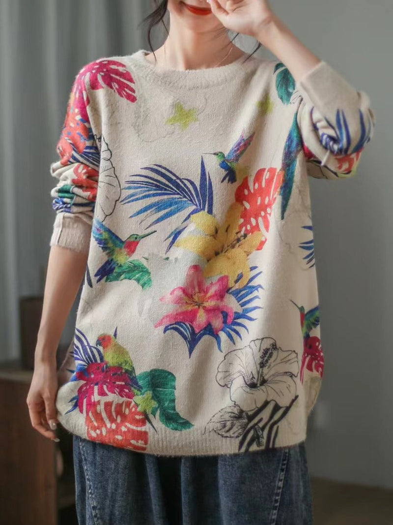 Long Sleeve Print Loose Sweater