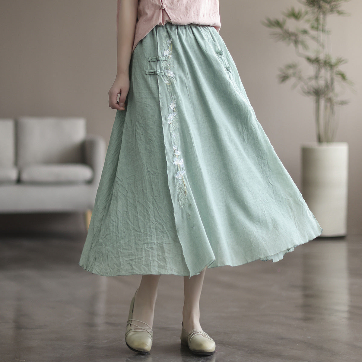 Double Cotton Linen Embroidered Buckle A-line Skirt