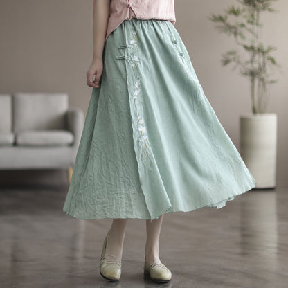 Double Cotton Linen Embroidered Buckle A-line Skirt