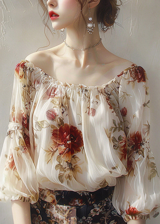 Apricot Slash Neck Print Chiffon Top Half Sleeve