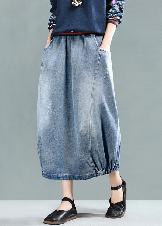 Light Blue Elastic Waist Pockets Cotton Denim Skirt Summer