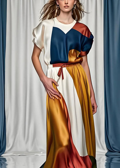 Boutique Colorblock O Neck Tops and Skirts Silk Two Pieces Set Summer