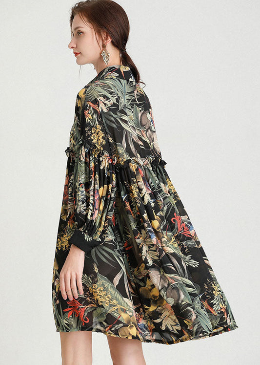Organic Black Print Button Fall Long Sleeve Dresses