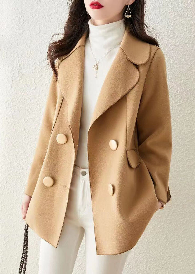 Khaki Peter Pan Collar Button Patchwork Woolen Coat Fall