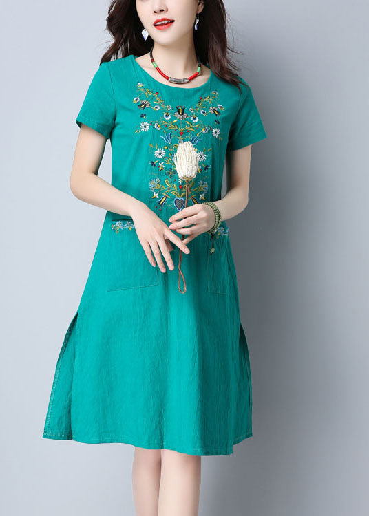 Green O-neck Side Open Embroidered Pockets Cotton Dresses Short Sleeve