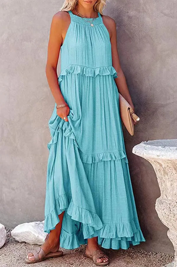 Blue Vittoria Shirred Ruffle Tiered Maxi Halter Dress