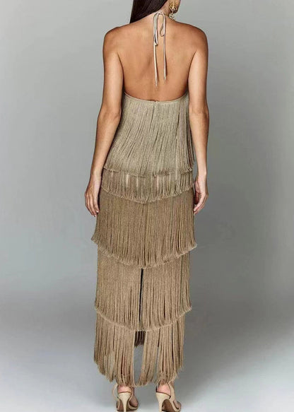 White Backless Tasseled Halter Dress Summer