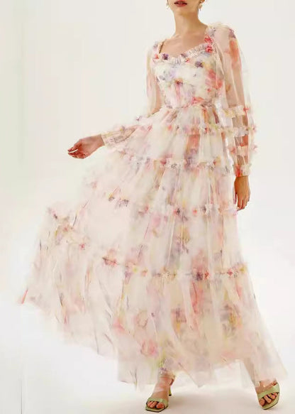 U Neck Ruffled Patchwork Tulle Long Dress Summer