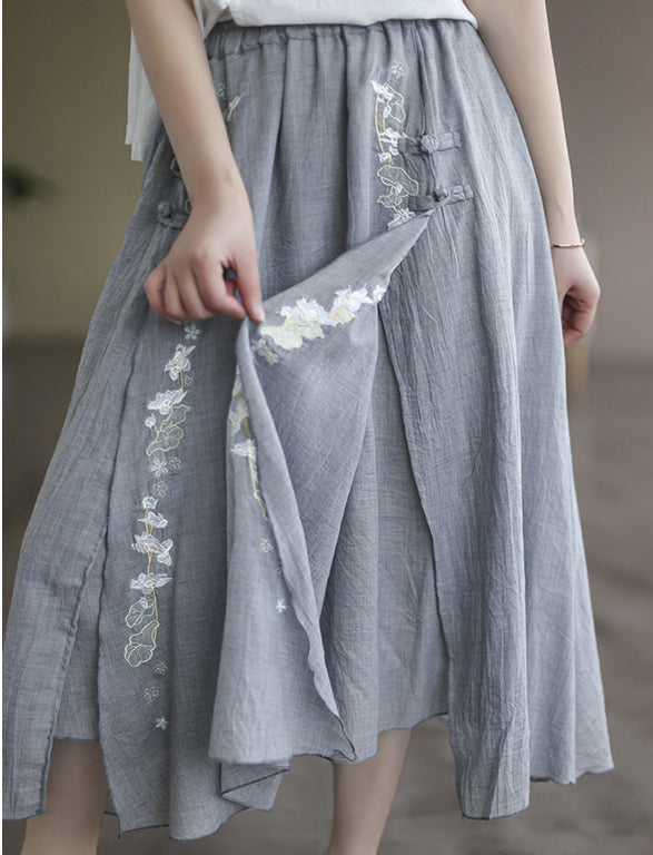 Double Cotton Linen Embroidered Buckle A-line Skirt