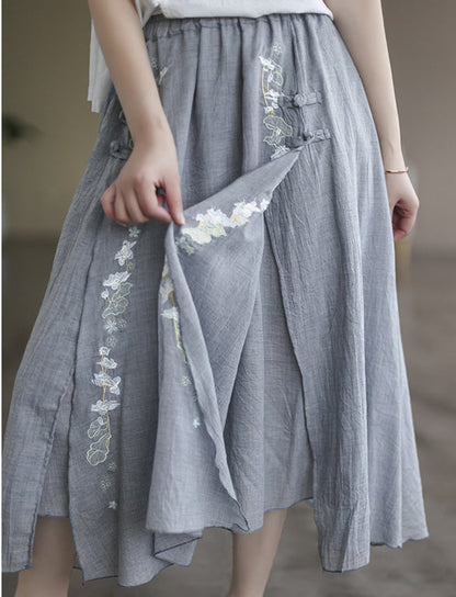 Double Cotton Linen Embroidered Buckle A-line Skirt