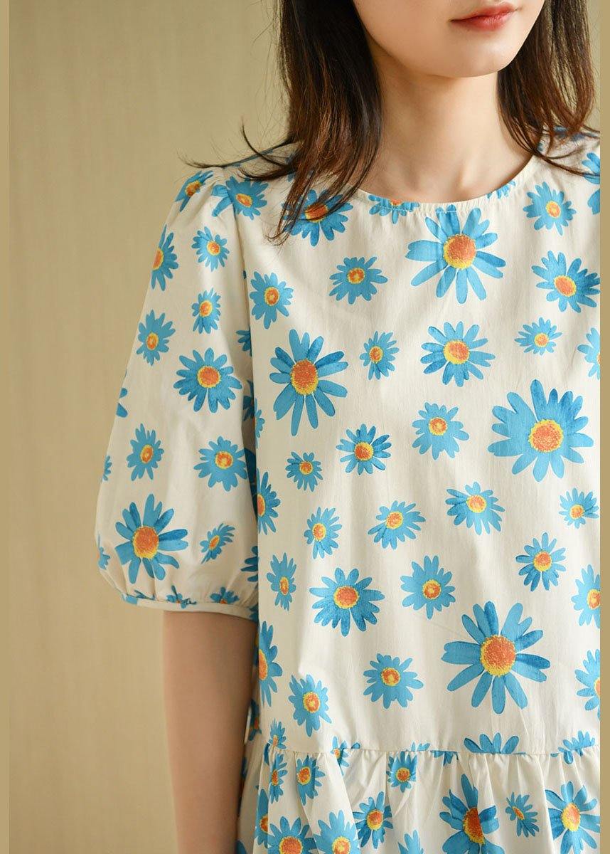 Blue O-neck Print Summer Cotton Half Sleeve Dresses