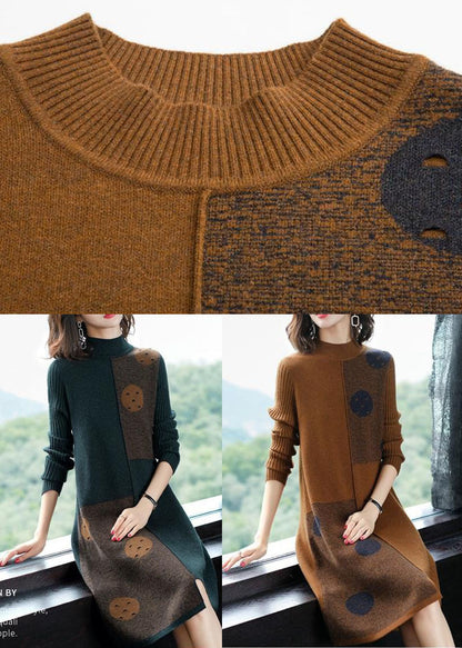 Coffee High Neck Asymmetrical Design Knit Sweater Dress Long Sleeve