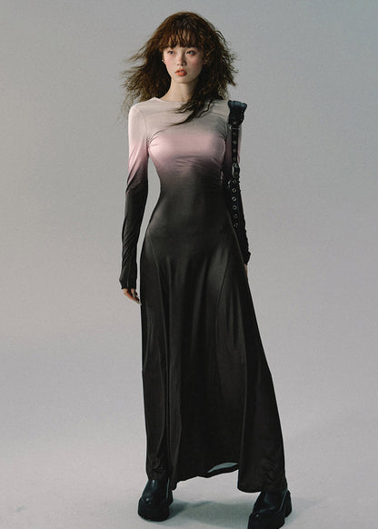 Italian Gradient Color Lace Up Cotton Long Dresses Long Sleeve