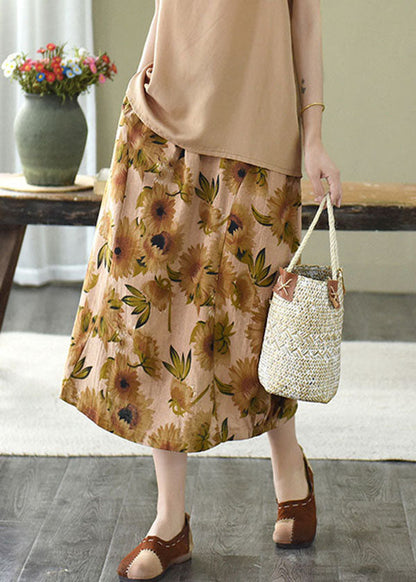 Yellow Print Linen a Line Skirts Pockets Print Summer