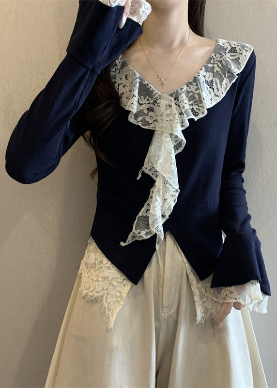 Navy V Neck Lace Patchwork Cotton T Shirts Flare Sleeve