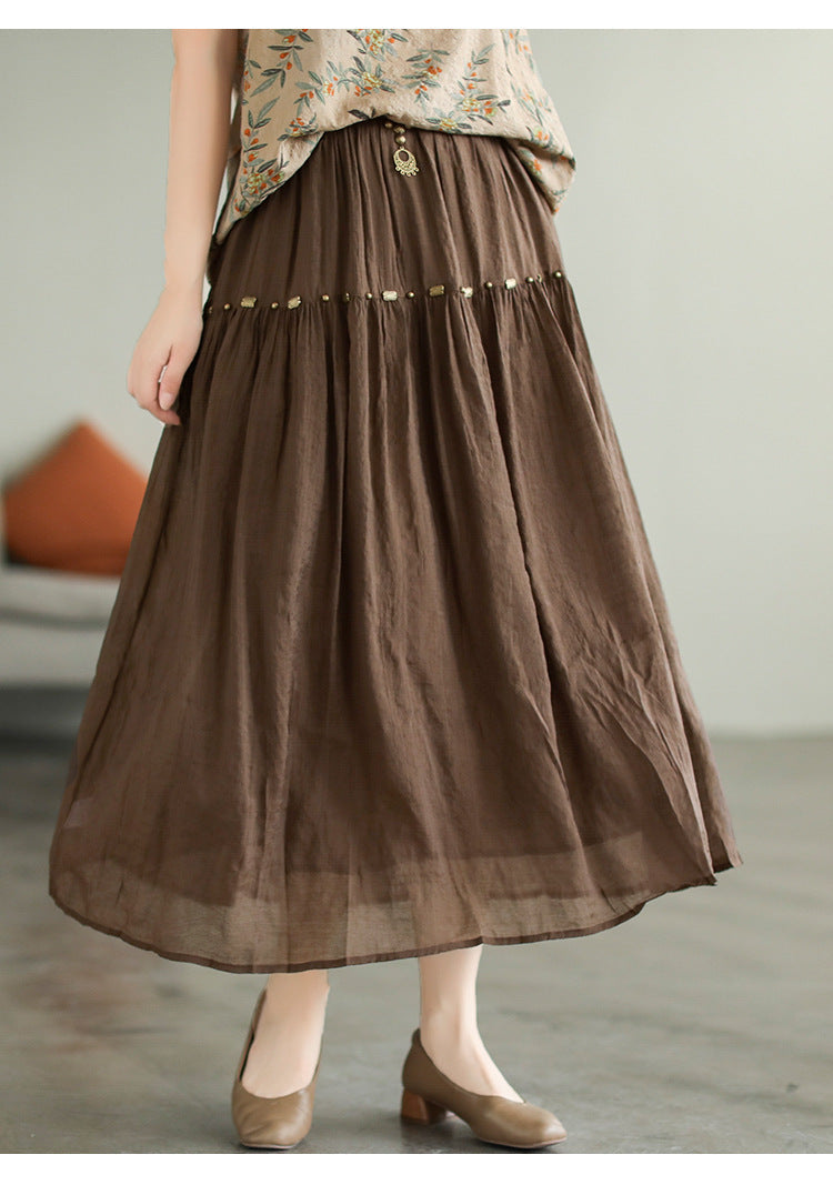 Literary High Waist Double Layer Tencel Linen Stitching Slim Skirt