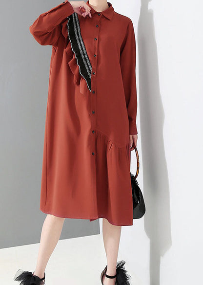 Red Peter Pan Collar Asymmetrical Ruffled Shirt Dress Spring