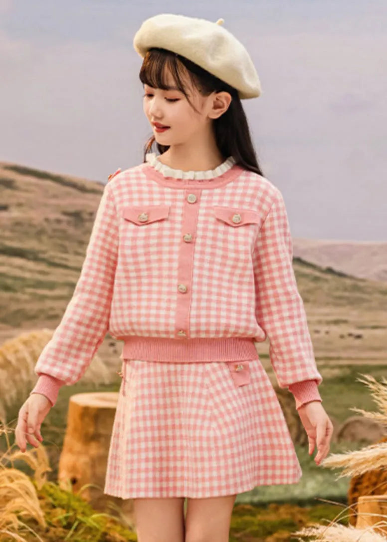 Stylish Pink O-neck Striped Kids Top and Skirts Two Piece Set Spring