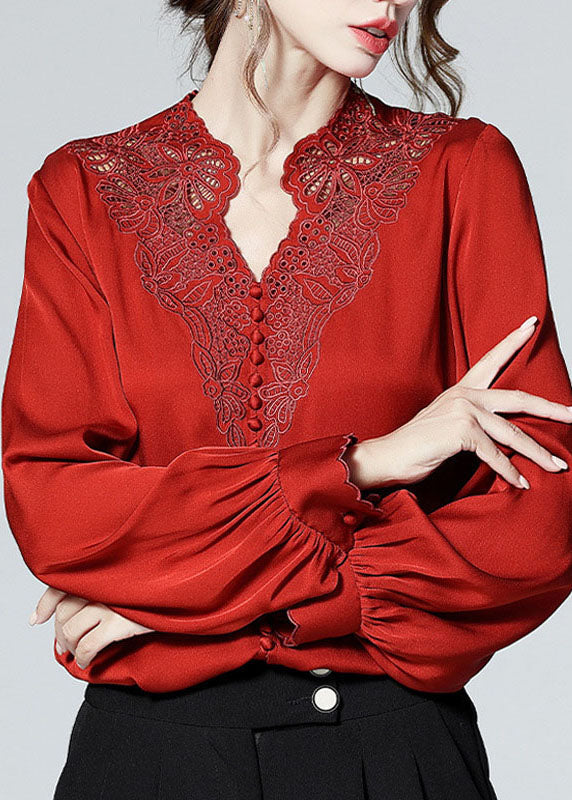 Red V Neck Button Embroidered Patchwork Silk Shirt Top Spring