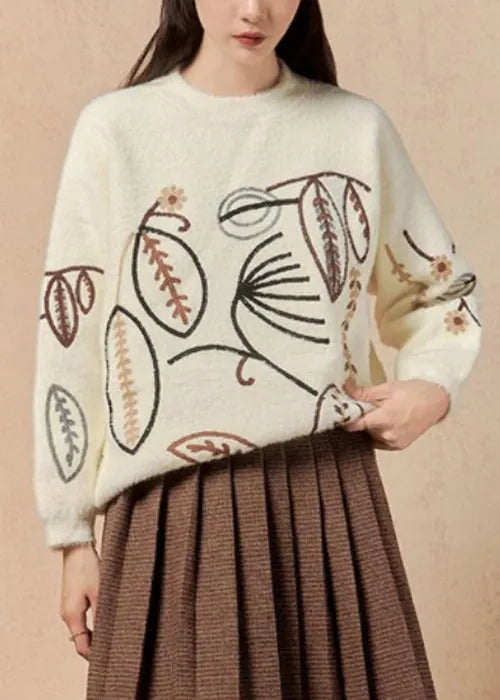 White O Neck Embroidered Cotton Knit Sweater Winter