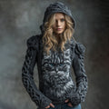 Women's Vintage Cute Cat  With Rose Art Knitted Warm Hooded Sweater
