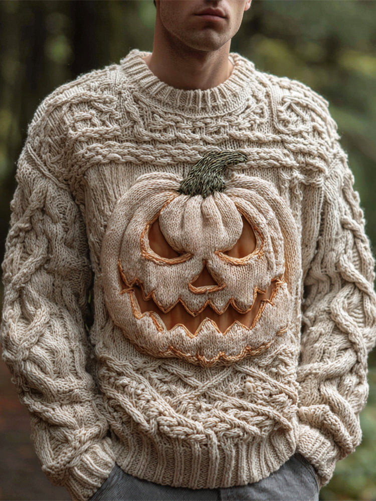Halloween Pumpkin Light Art Men's Chunky Knit Crew Neck Sweater elevenforest