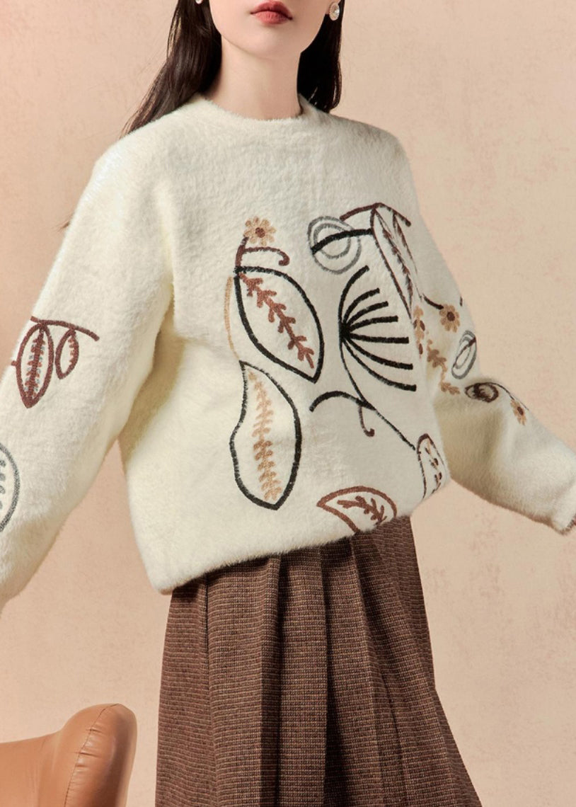 White O Neck Embroidered Cotton Knit Sweater Winter