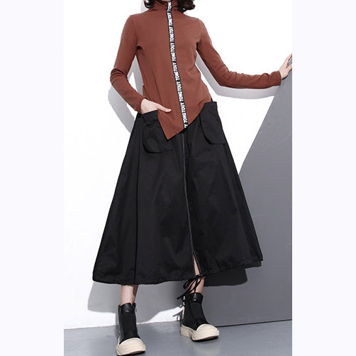 Black Cotton Oversize a Line Skirts Fine Pockets Drawstring Skir