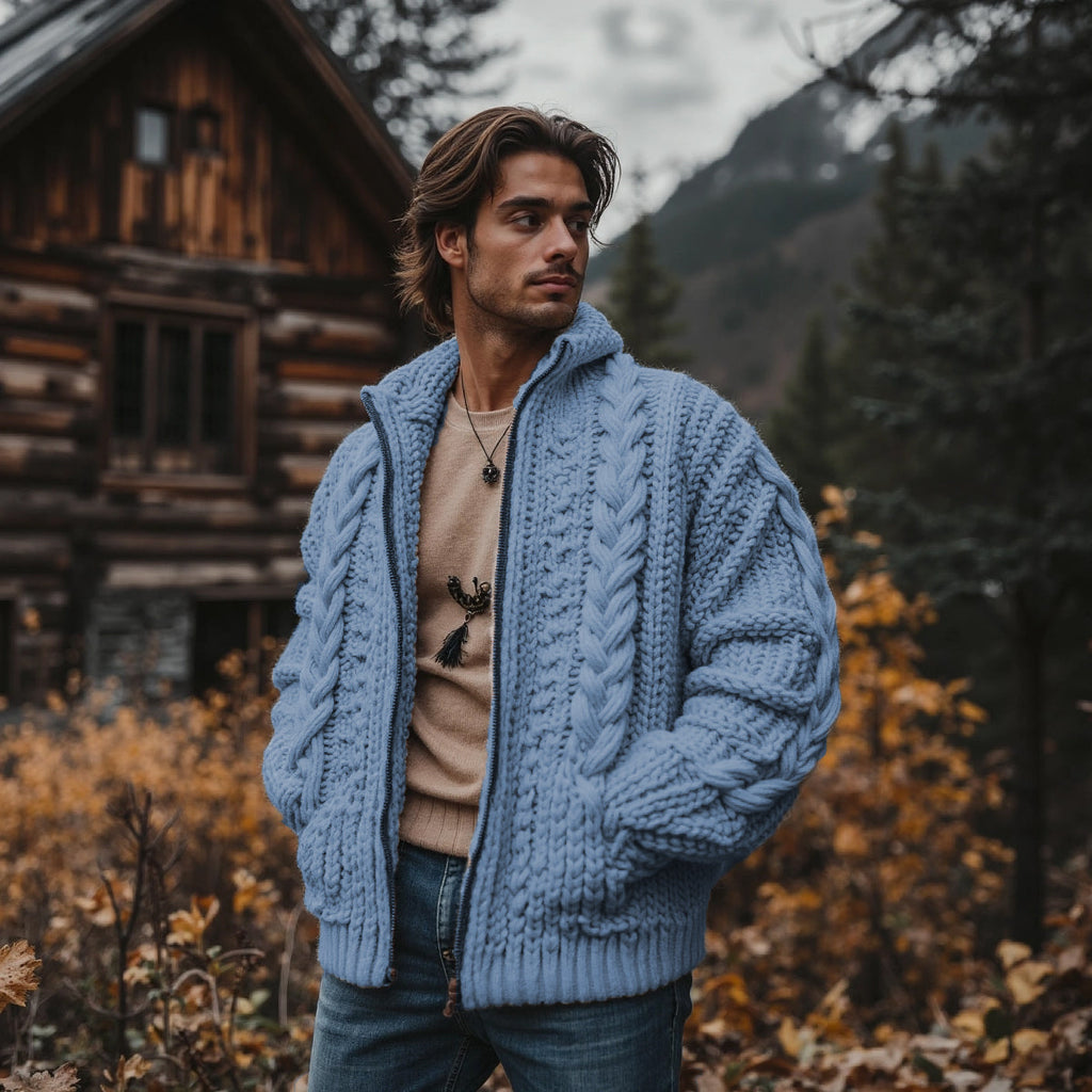 Men'S Burlap Pattern Vintage Stand Collar Zipper Sweater artswardrobe