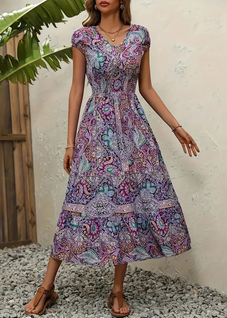 V Neck Print Cotton Vacation Long Dresses Summer