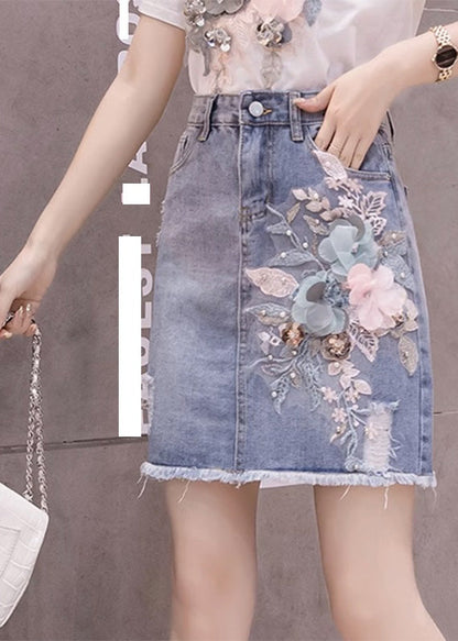 Stylish Blue Patchwork High Waist Nail Bead Denim Skirt