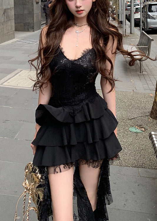 Black Sequins Lace Low High Design Dress Sleeveless