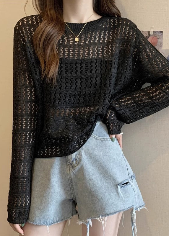 Black Hollow Out Knit T Shirts O Neck Long Sleeve