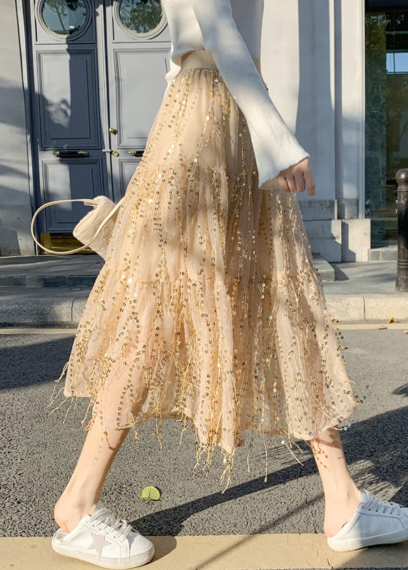 Apricot Elastic Waist Sequins Tulle a Line Skirts Spring