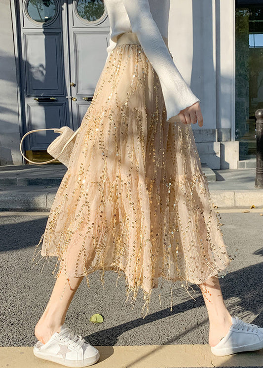 Apricot Elastic Waist Sequins Tulle a Line Skirts Spring