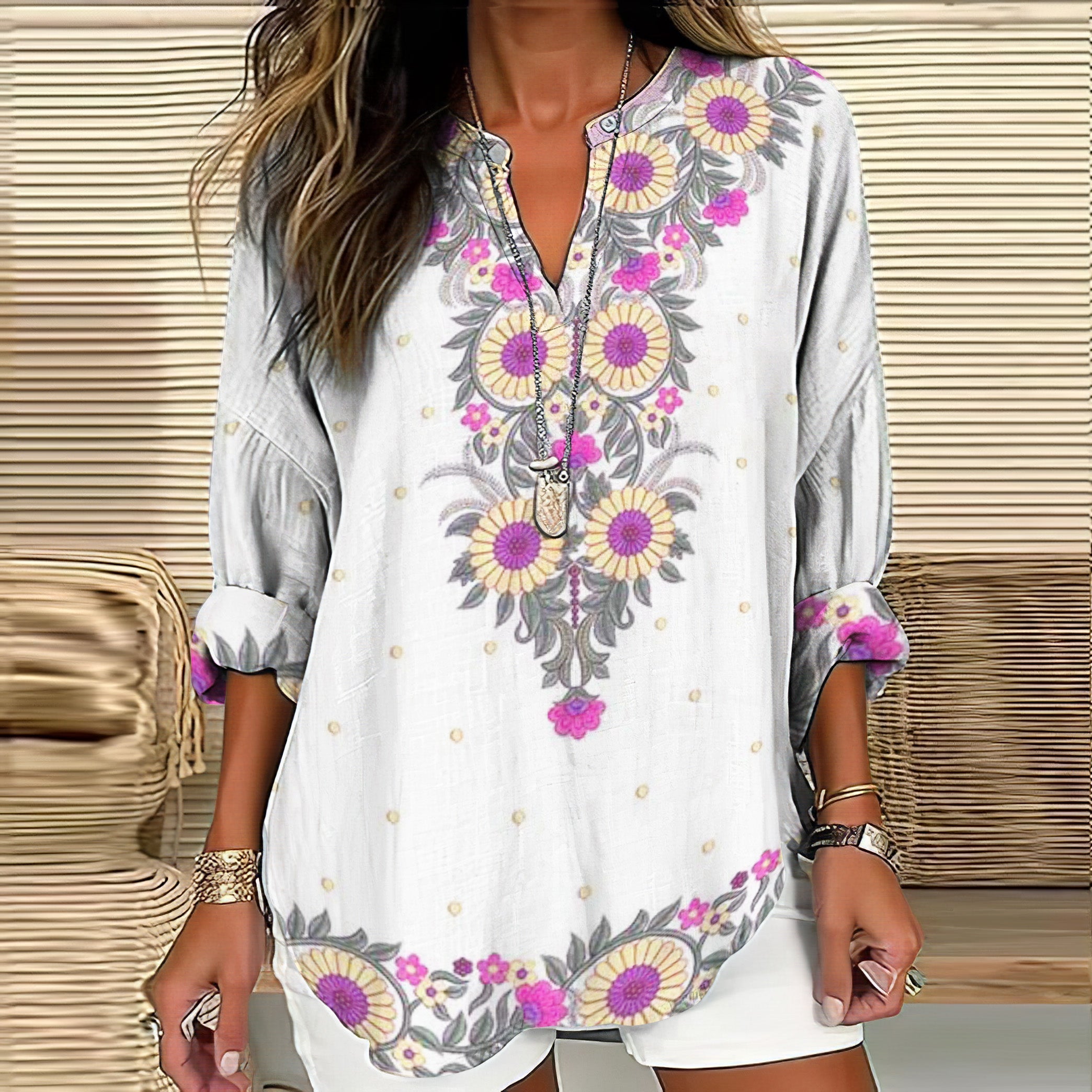 Comstylish Stylish Ethnic Floral Print V-Neck Tops For Women