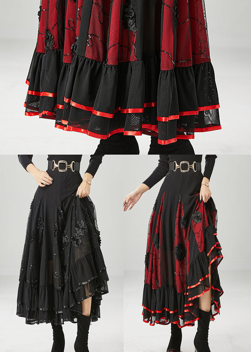 Black Red Patchwork Chiffon Skirt Exra Large Hem Fall