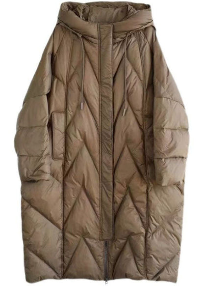 Boutique Coffee Hooded Drawstring Pockets Duck Down Puffer Jacket Winter