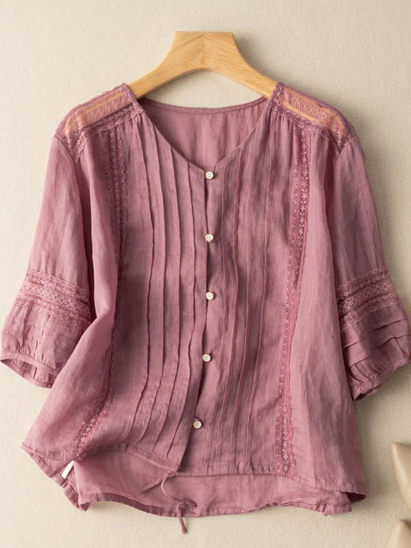Pure Color V Neck 3/4 Sleeve Linen Top