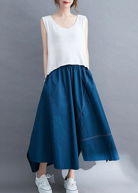 Blue Wrinkled Asymmetrical Patchwork Cotton Skirts Summer