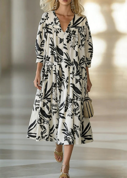 Loose Beige V Neck Print Wrinkled Cotton Long Dresses Bracelet Sleeve