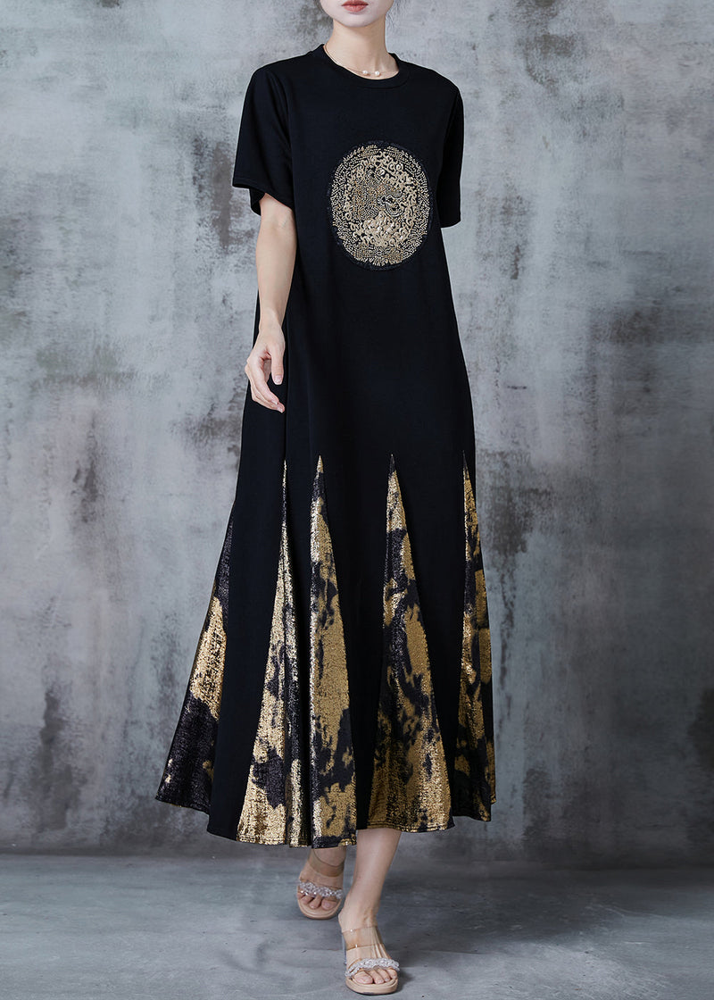 Black Sequins Patchwork Cotton Robe Dresses Summer