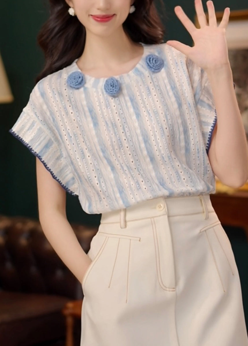 Art Blue Hollow Out Cotton T Shirt Summer