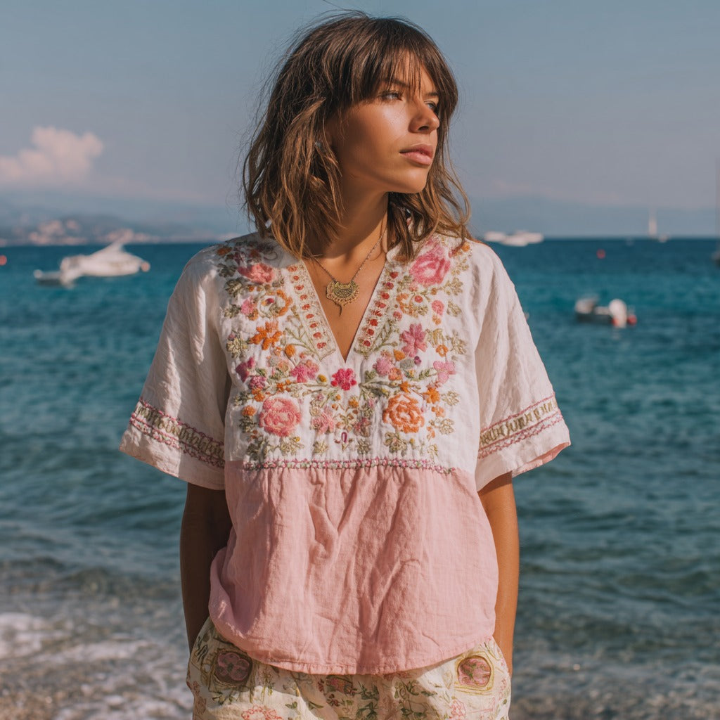 Women's Vintage Floral Pattern V-neck T-shirt elevenforest