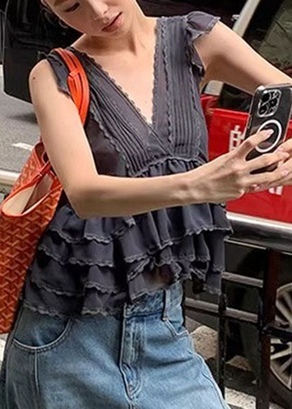 Grey V Neck Ruffled Lace Patchwork Chiffon Vest Summer