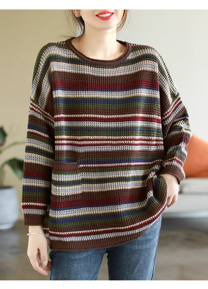 Colorful Red Striped Cotton Knitted Sweater