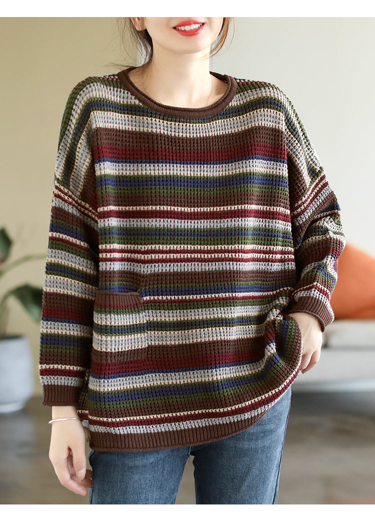 Colorful Red Striped Cotton Knitted Sweater