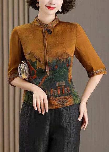 Green Tasseled Print Patchwork Silk Tops Half Sleeve
